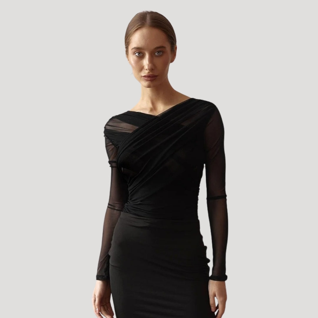 Sheer long-sleeve wrap style women's top, a chic and elegant spring fashion piece.