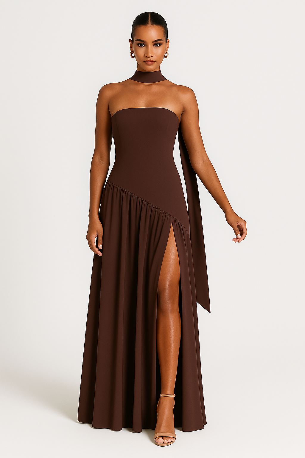 Stylish women's brown strapless maxi dress featuring a chic slit, ideal as an evening gown or party wear