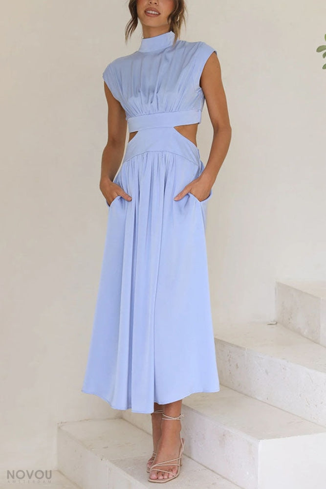 Elegant women's party dress, midi length with a unique waist cut-out, perfect for events.