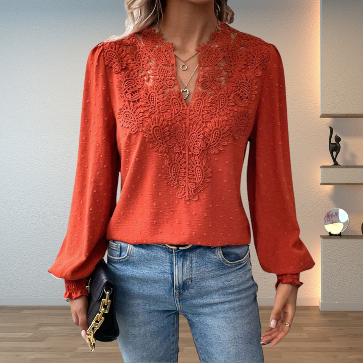 Elegant terracotta lightweight blouse with delicate lace details, V-neck, long sleeves.