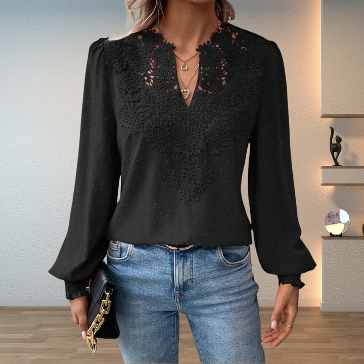 Vintage inspired green lace blouse, women's elegant lightweight long sleeve V-neck top.