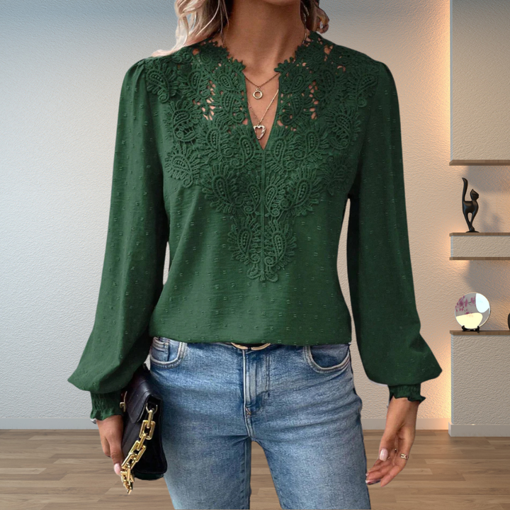 Elegant pink lace detail blouse, women's lightweight V-neck long sleeve top for versatile fashion.