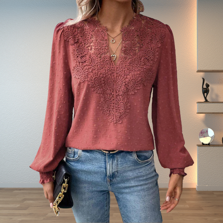 Elegant women's lace top, lightweight with V-neck & long sleeves. Vintage inspired versatile fashion piece.