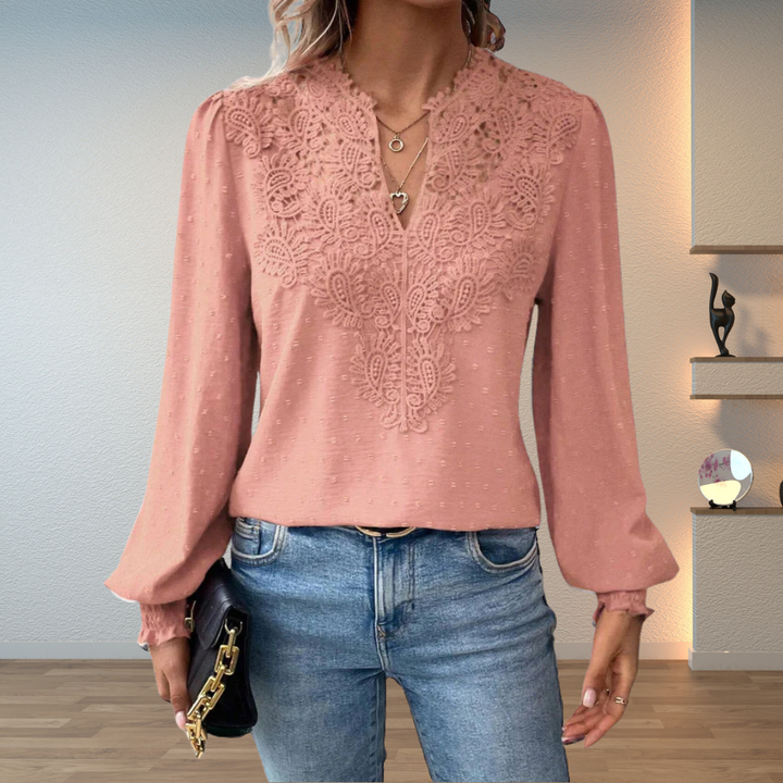 Black elegant lightweight lace blouse for women. Long sleeve V-neck top, perfect for casual chic style.