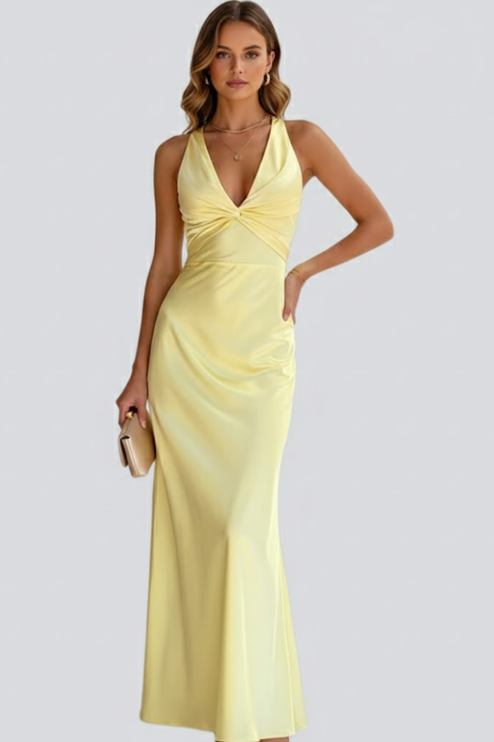 Versatile women's V-neck maxi dress with fitted waist, ideal for casual wear or elegant occasions.
