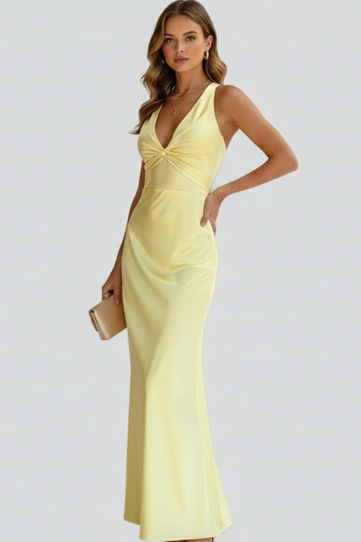 Women's elegant V-neck long dress, sleeveless, with a flattering fitted waist, great for summer fashion.