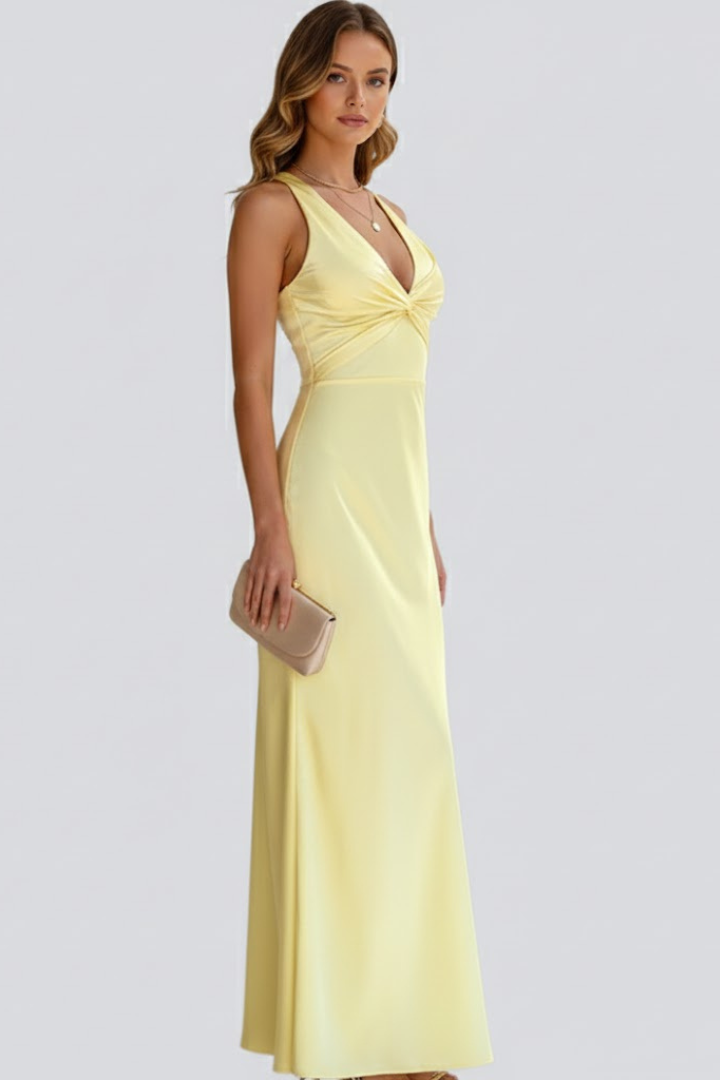 Sleeveless elegant V-neck maxi dress for women, featuring a flattering fitted waist, perfect for occasion wear.