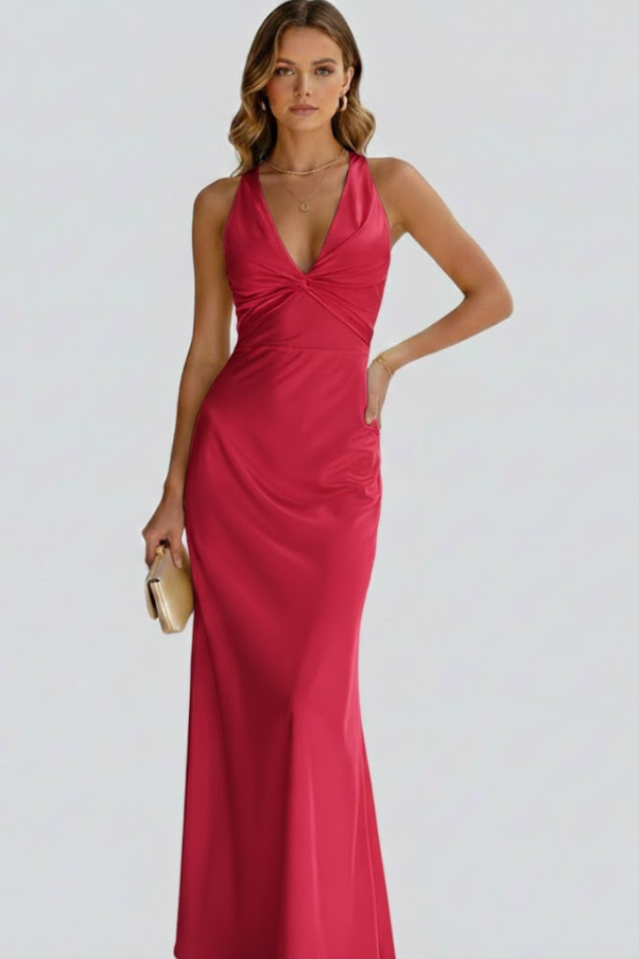 Flowy V-neck maxi dress for women, sleeveless, elegant, with a flattering fitted waist, suitable for summer.