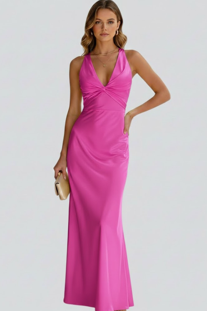 Women's elegant V-neck long maxi dress, sleeveless, featuring a flattering fitted waist, versatile for events.