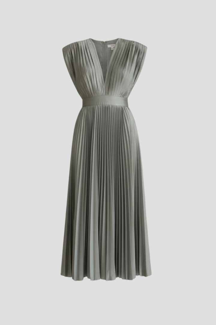 Elegant V-neck pleated midi dress for women, ideal for cocktail parties and summer events.