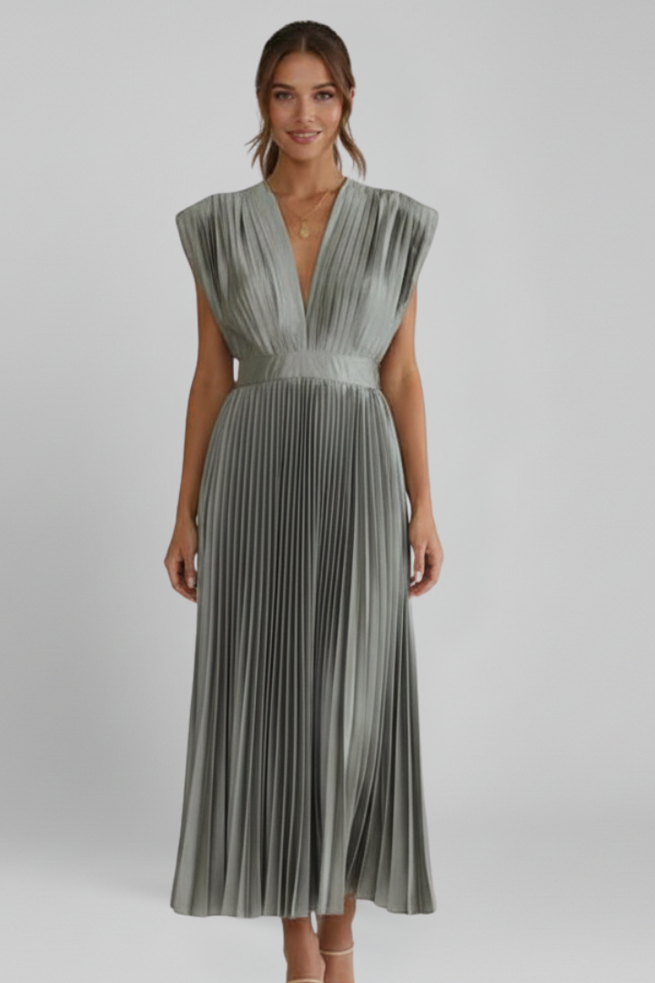 Chic pleated midi dress for women, featuring a flattering V-neck, perfect for evening wear.