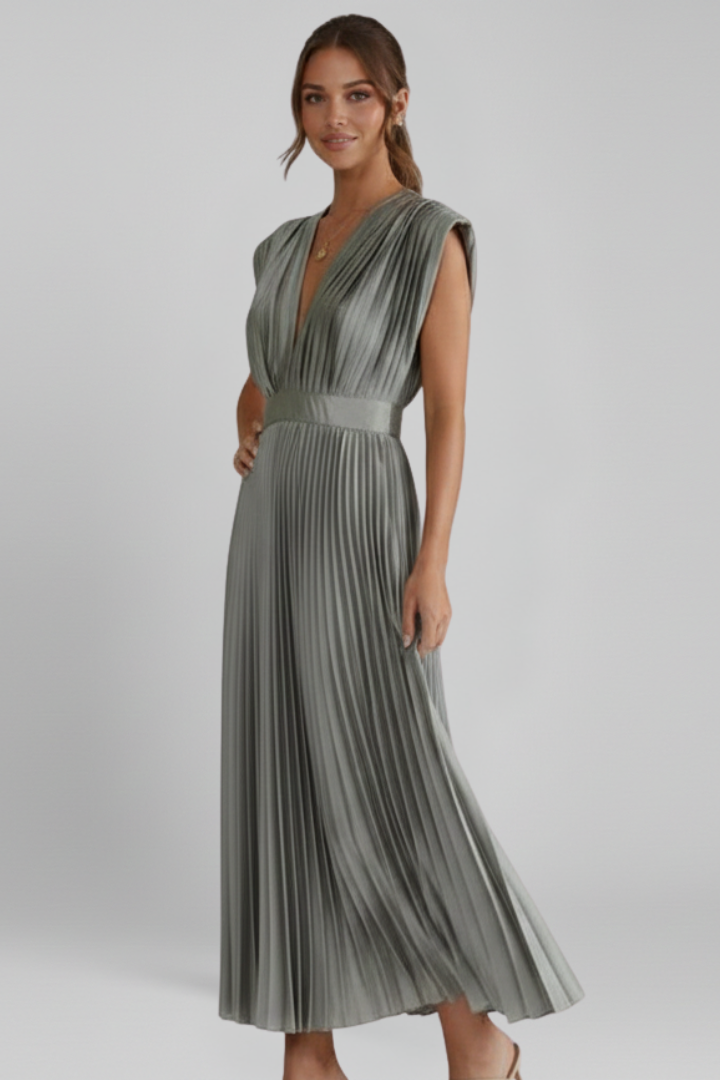 Stylish women's V-neck party dress, a pleated midi design suitable for summer and special events.