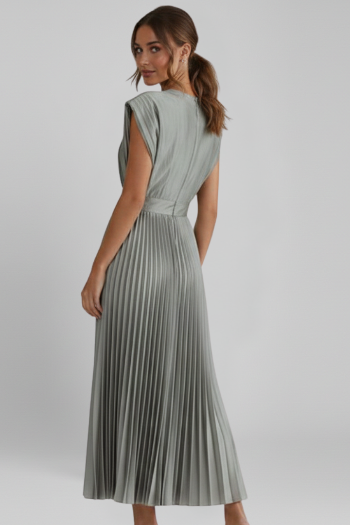 Sleeveless V-neck pleated midi dress for women, offering an elegant look for any party.