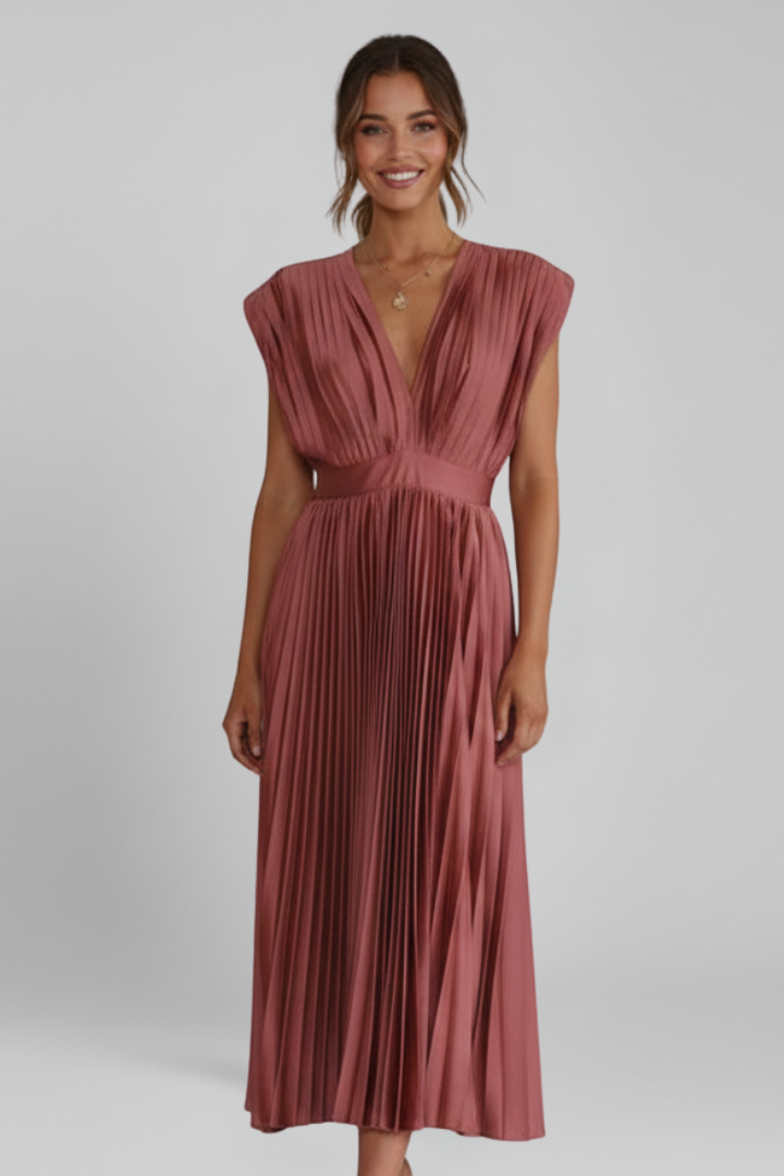 Classic women's elegant midi dress with V-neck and pleats, perfect for formal or evening events.