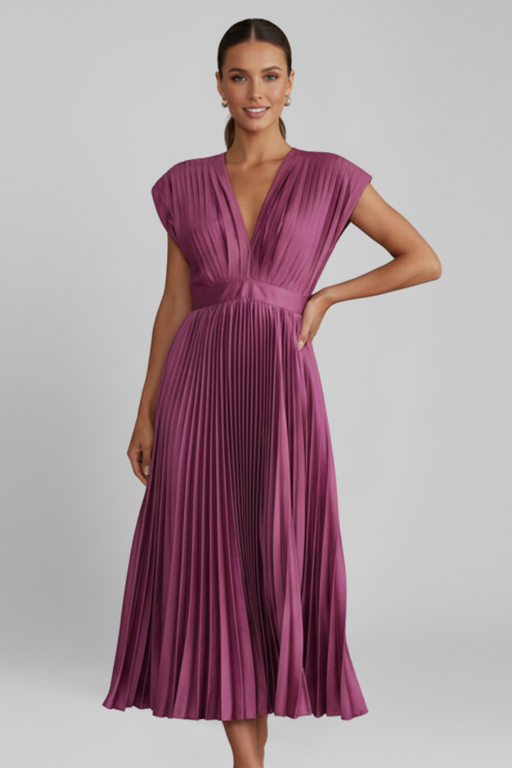 Women's stylish summer dress, V-neck pleated midi design for elegant cocktail and party wear.