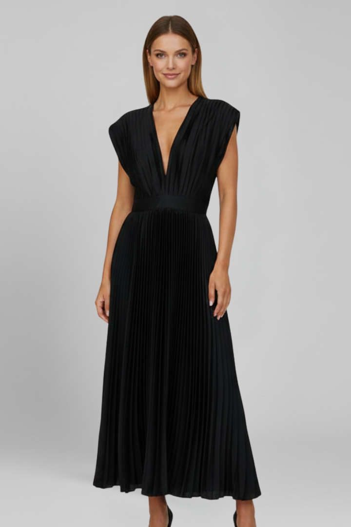 Sophisticated women's V-neck midi dress, featuring graceful pleats for a refined and elegant look.