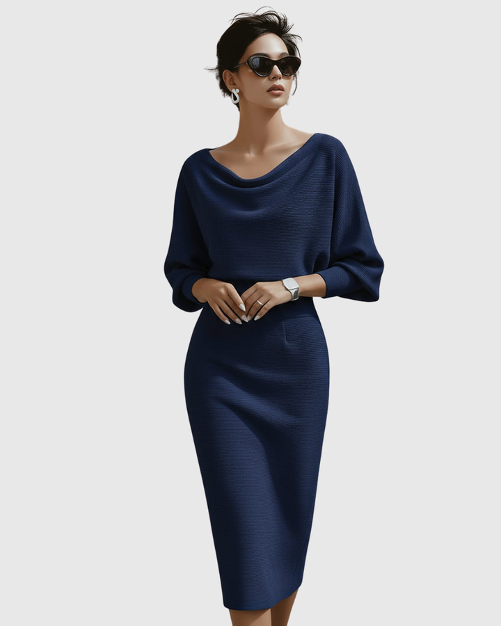 Elegant white draped batwing midi dress for women, perfect for sophisticated evening occasions.