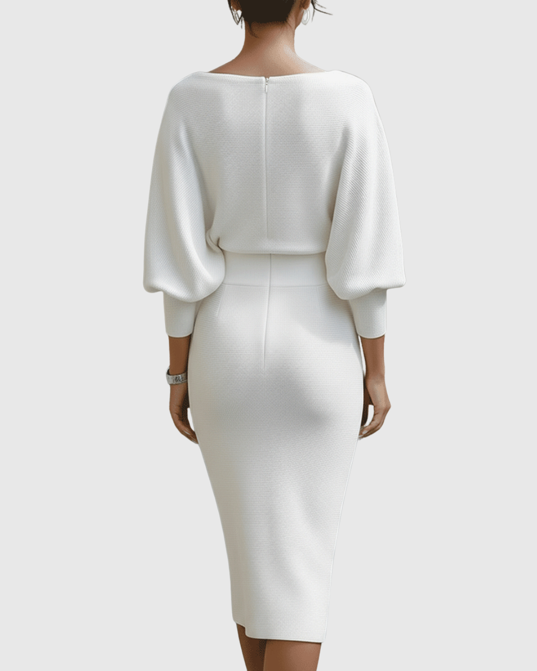 White draped batwing long sleeve midi dress for women, an elegant choice for any occasion.