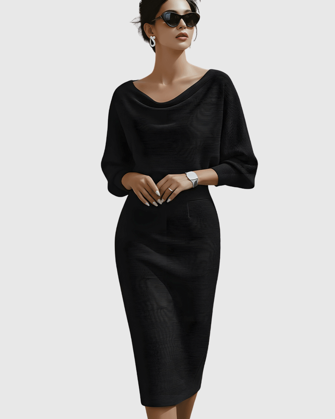 Women's long sleeve white midi dress with elegant draped batwing design. Occasion wear.