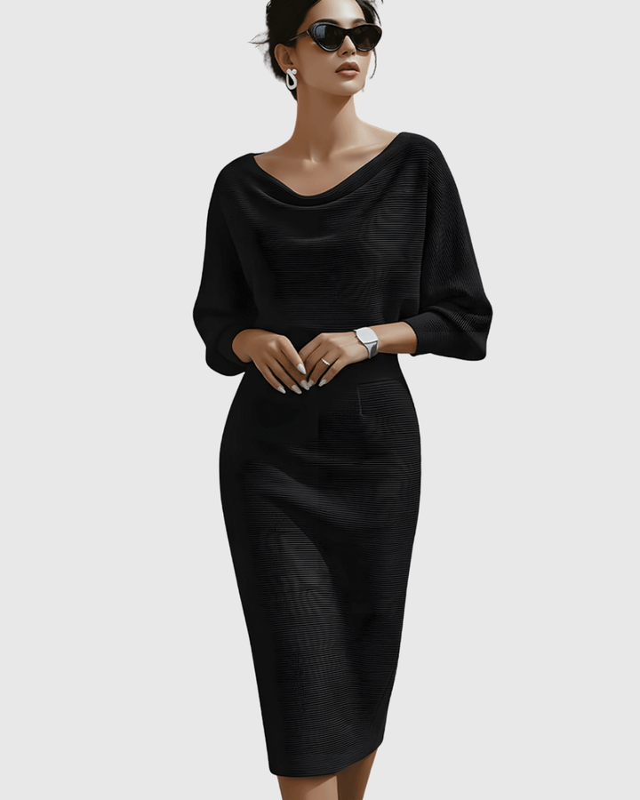Women's long sleeve white midi dress with elegant draped batwing design. Occasion wear.