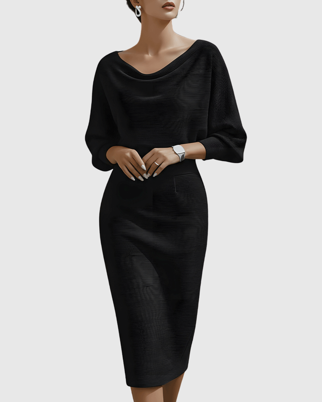 Sophisticated white batwing midi dress for women, featuring elegant drapes and long sleeves.