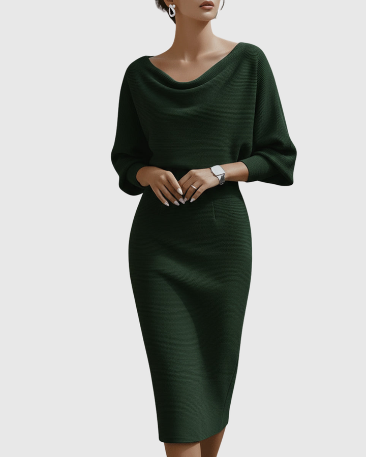 Draped white midi dress with batwing sleeves, ideal for elegant women's evening wear.
