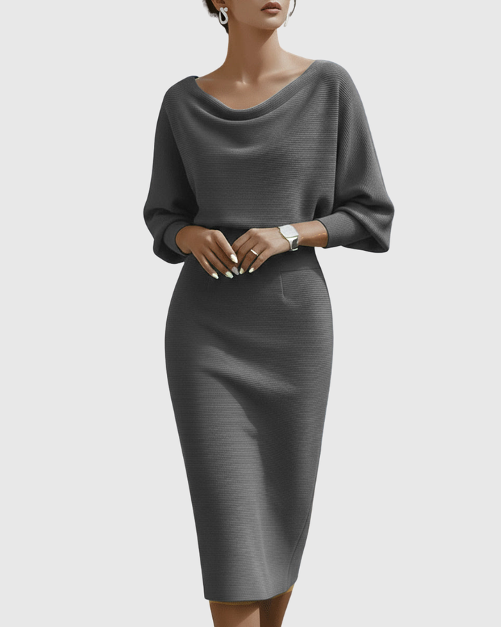 Chic white long sleeve midi dress, a draped batwing design for elegant women's occasions.