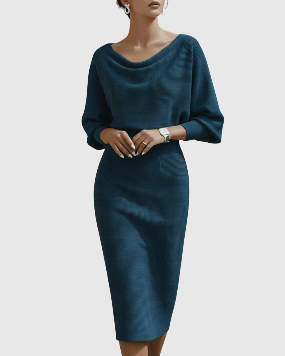 Women's elegant white midi dress, featuring a flattering draped batwing sleeve design.