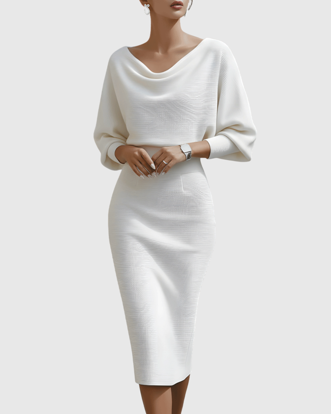 White batwing long sleeve midi dress, a sophisticated draped style for women's elegant events.
