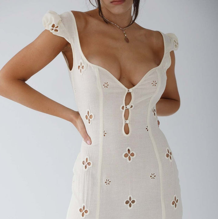 Elegant white midi dress for women, perfect as a wedding guest or for formal evening events.