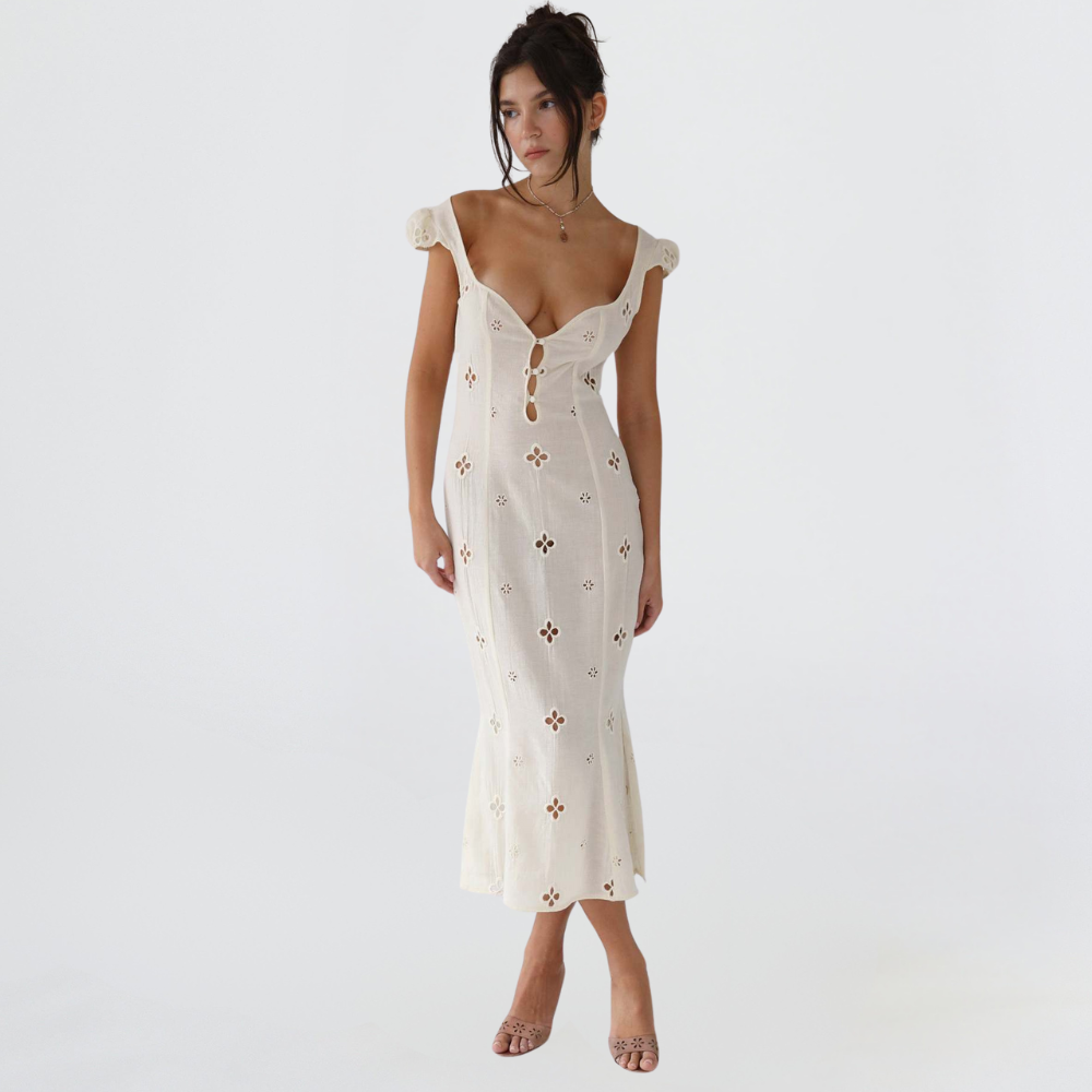 Women's timeless white midi dress, ideal for special occasions and elegant evening wear.