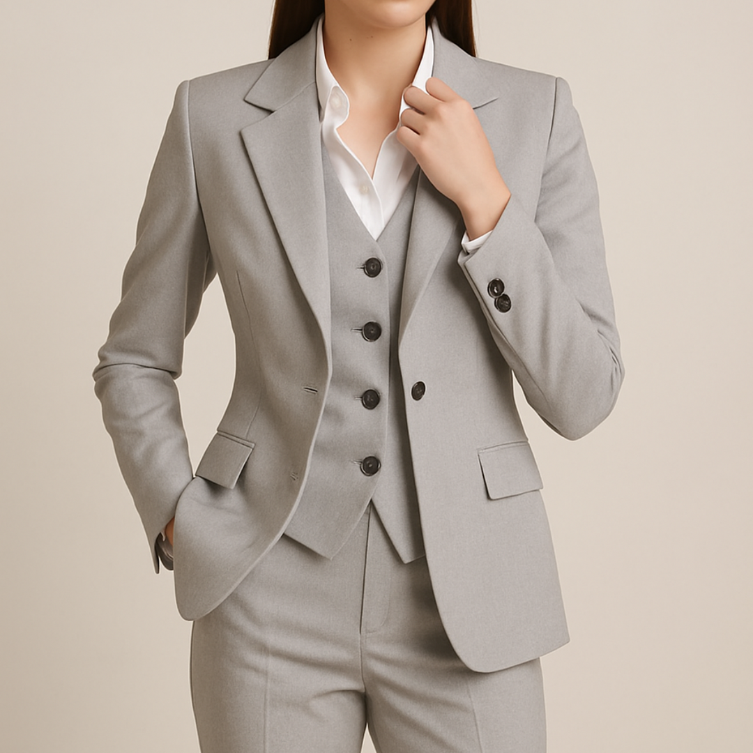 Elegant women's 3-piece gray tailored suit set, ideal for office wear, business meetings, and formal events.