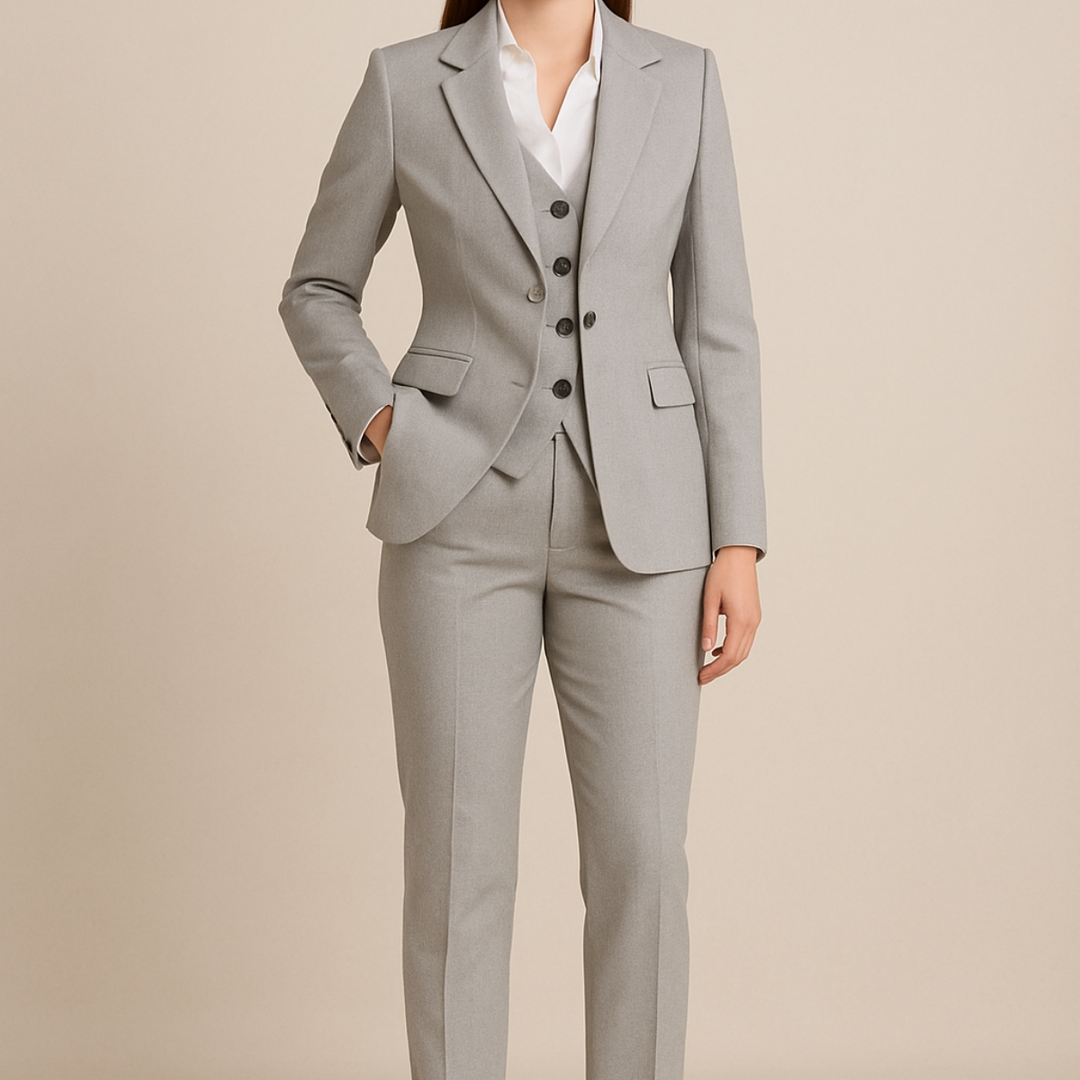 Versatile women's tailored 3-piece suit in gray, perfect for chic business attire or elegant formal wear.