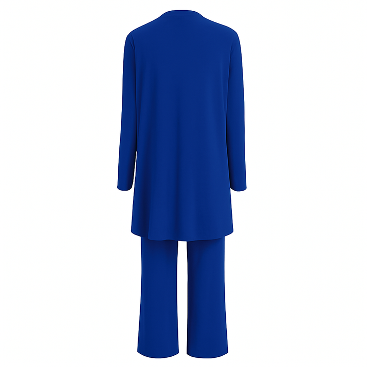 Modern elegant women's 3-piece pantsuit set. Versatile for business casual & smart fashion.