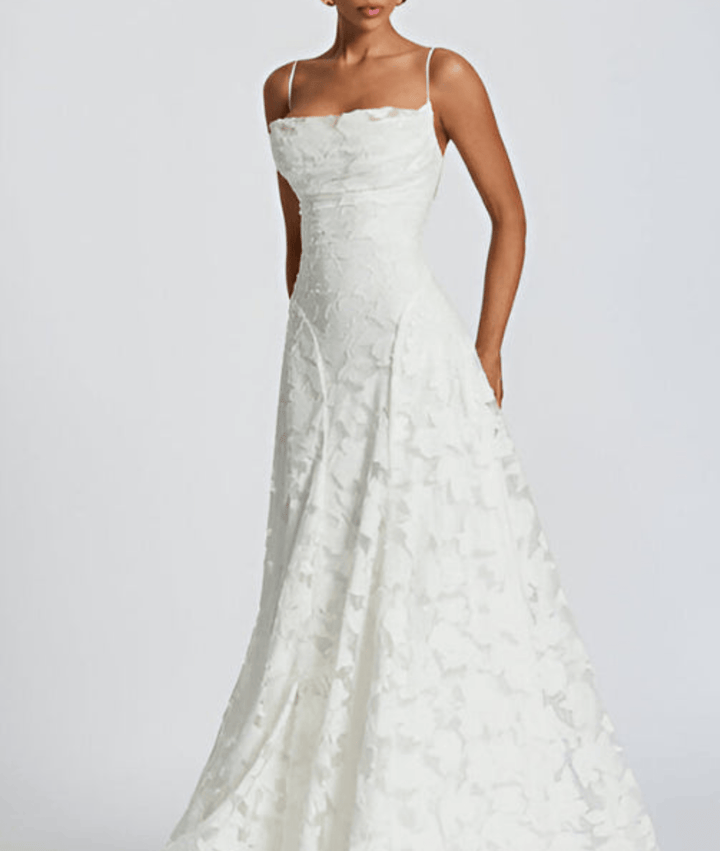 Chic women's spaghetti strap A-line maxi dress. A light, flowy summer dress for elegant events.