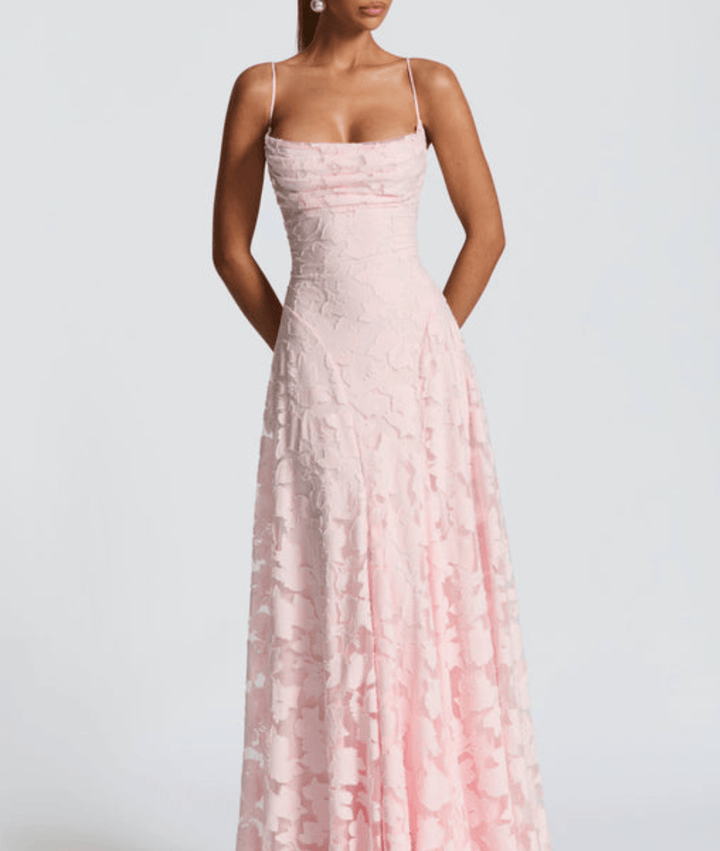 Beautiful women's A-line maxi dress with spaghetti straps, an elegant choice for special occasions.