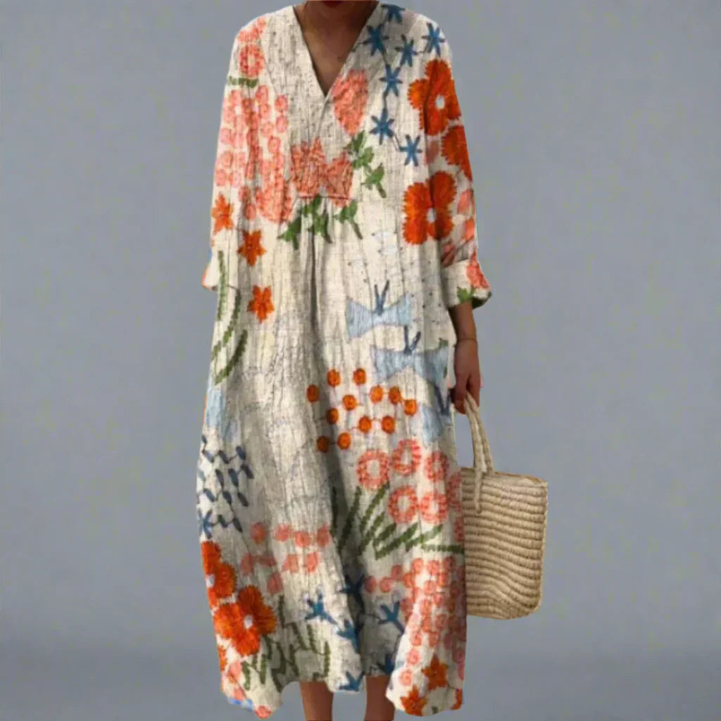 Elegant women's abstract floral print V-neck midi dress for spring & summer, flowy & comfortable for any occasion.