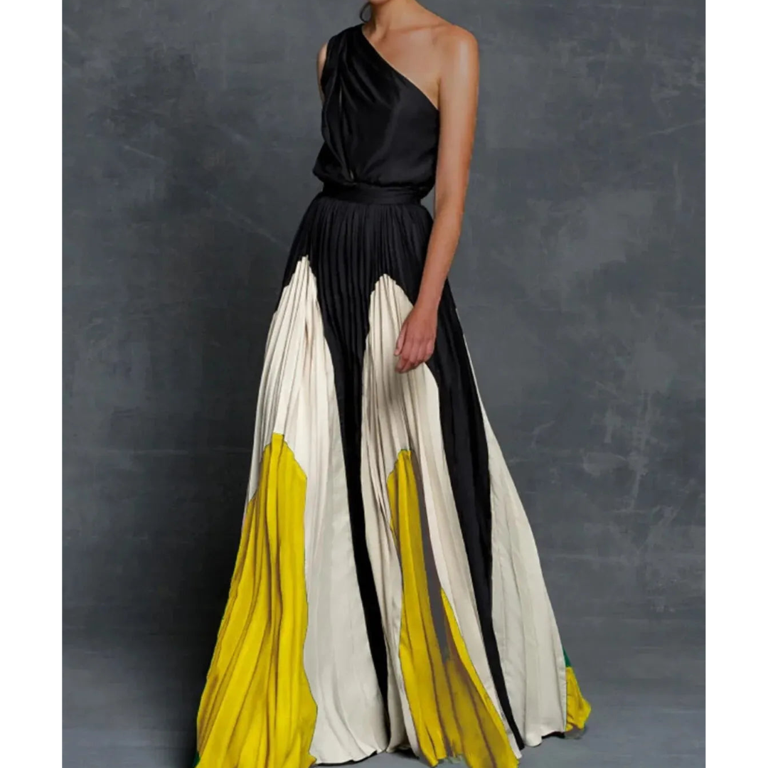 Elegant women's artistic color block one shoulder pleated maxi dress, perfect for evening wear & galas