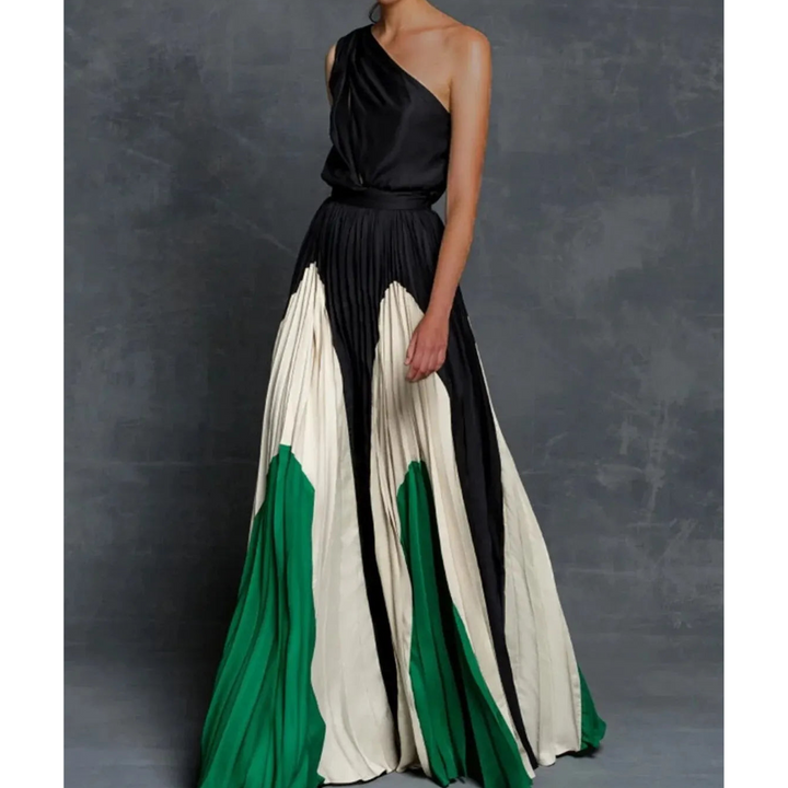 Stylish women's formal pleated one shoulder maxi dress with artistic color block design, an elegant choice
