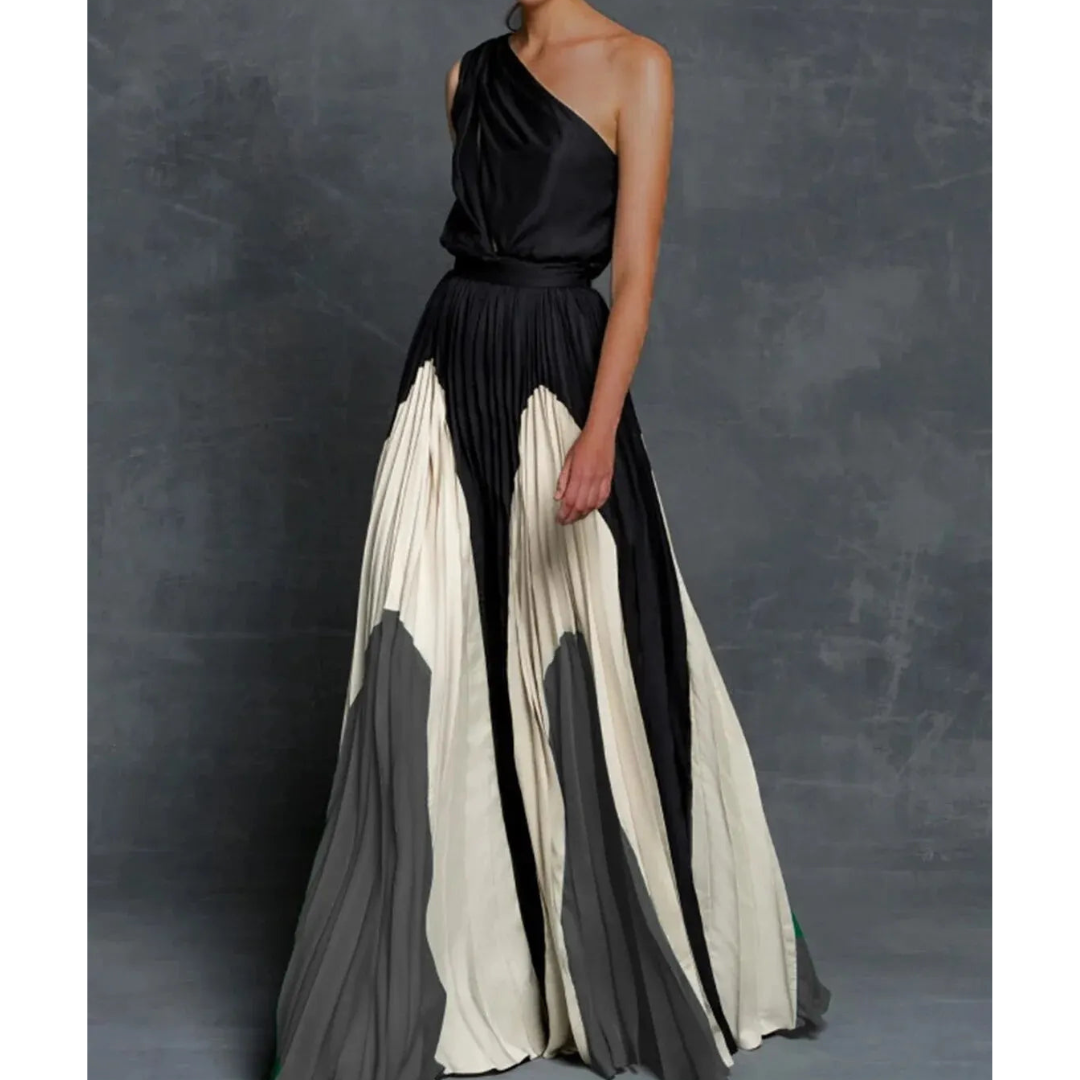 Dramatic artistic color block one-shoulder pleated maxi dress for women, ideal for formal events and evening