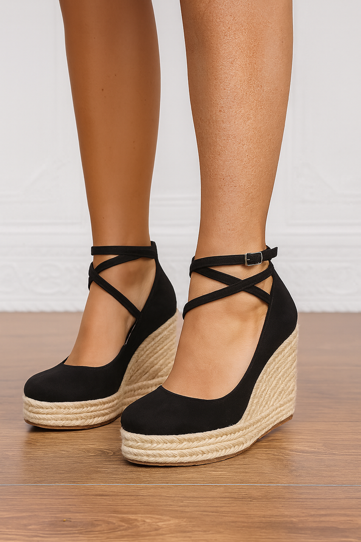 Elegant women's beige cross strap platform wedge heels, perfect for spring fashion and comfortable summer wear