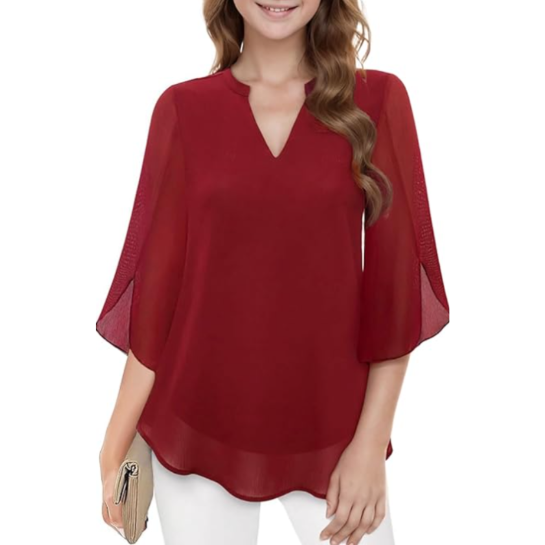 Elegant women's bell sleeve blouse, a chic V-neck long sleeve top for a sophisticated look.