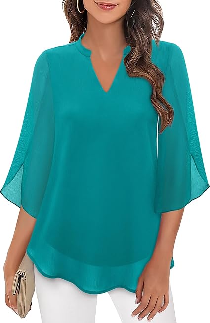 Chic V-neck women's blouse with elegant bell sleeves, a fashionable long sleeve top for work.