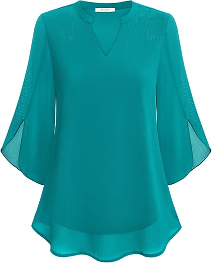 Elegant women's blouse with bell sleeves, a V-neck, and stylish scalloped hem for evening wear.