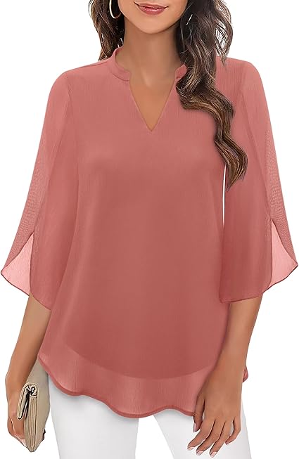 Dressy women's bell sleeve workwear blouse with V-neck, a professional and elegant long sleeve top.