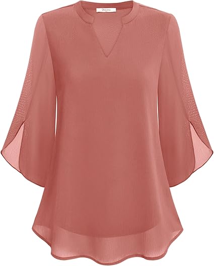 Fashionable women's V-neck blouse with elegant bell sleeves, perfect for sophisticated evening wear.