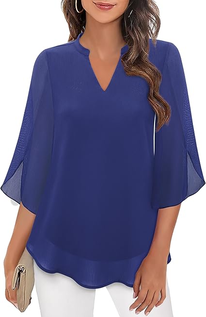 Chic women's long sleeve V-neck blouse, featuring elegant bell sleeves and a sophisticated style.
