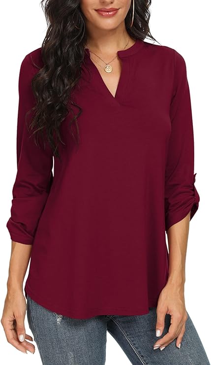 Sophisticated women's bell sleeve top, an elegant V-neck fashion blouse with long sleeves.