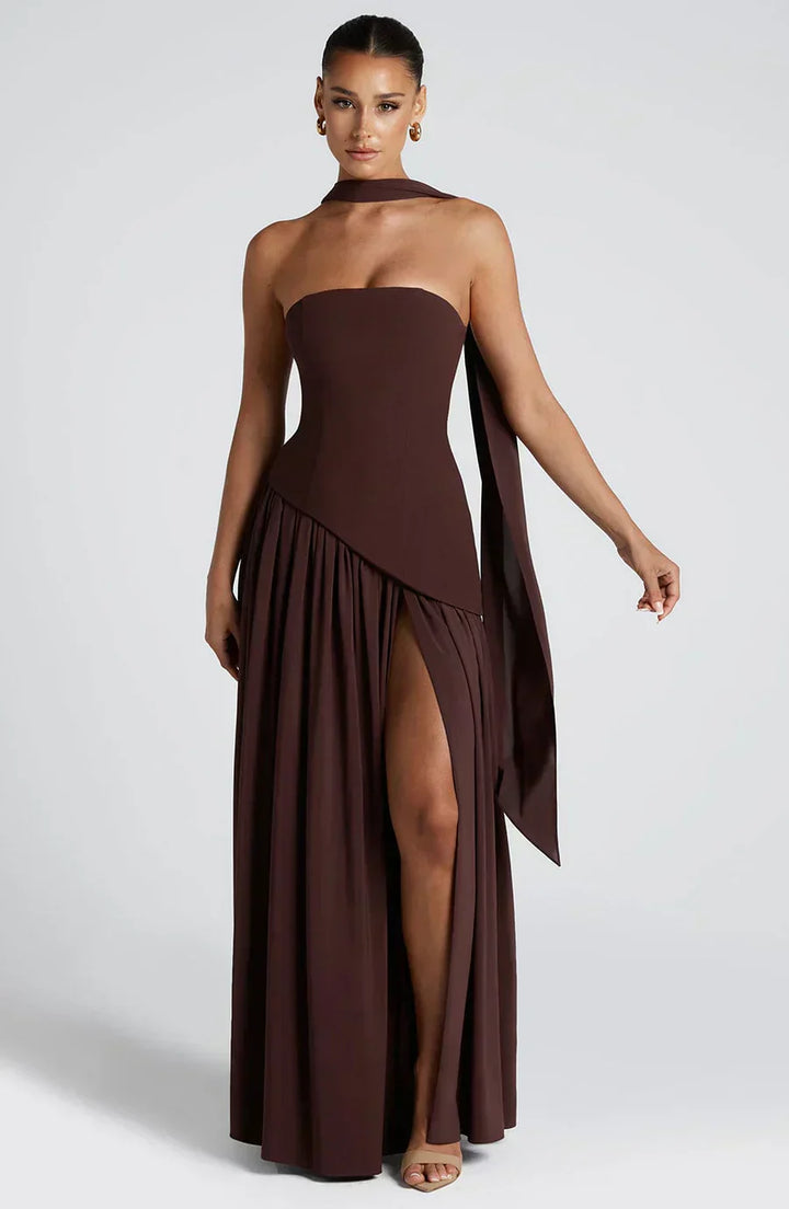 Formal women's asymmetric maxi dress in a beautiful rose gold shade, perfect for wedding guests.