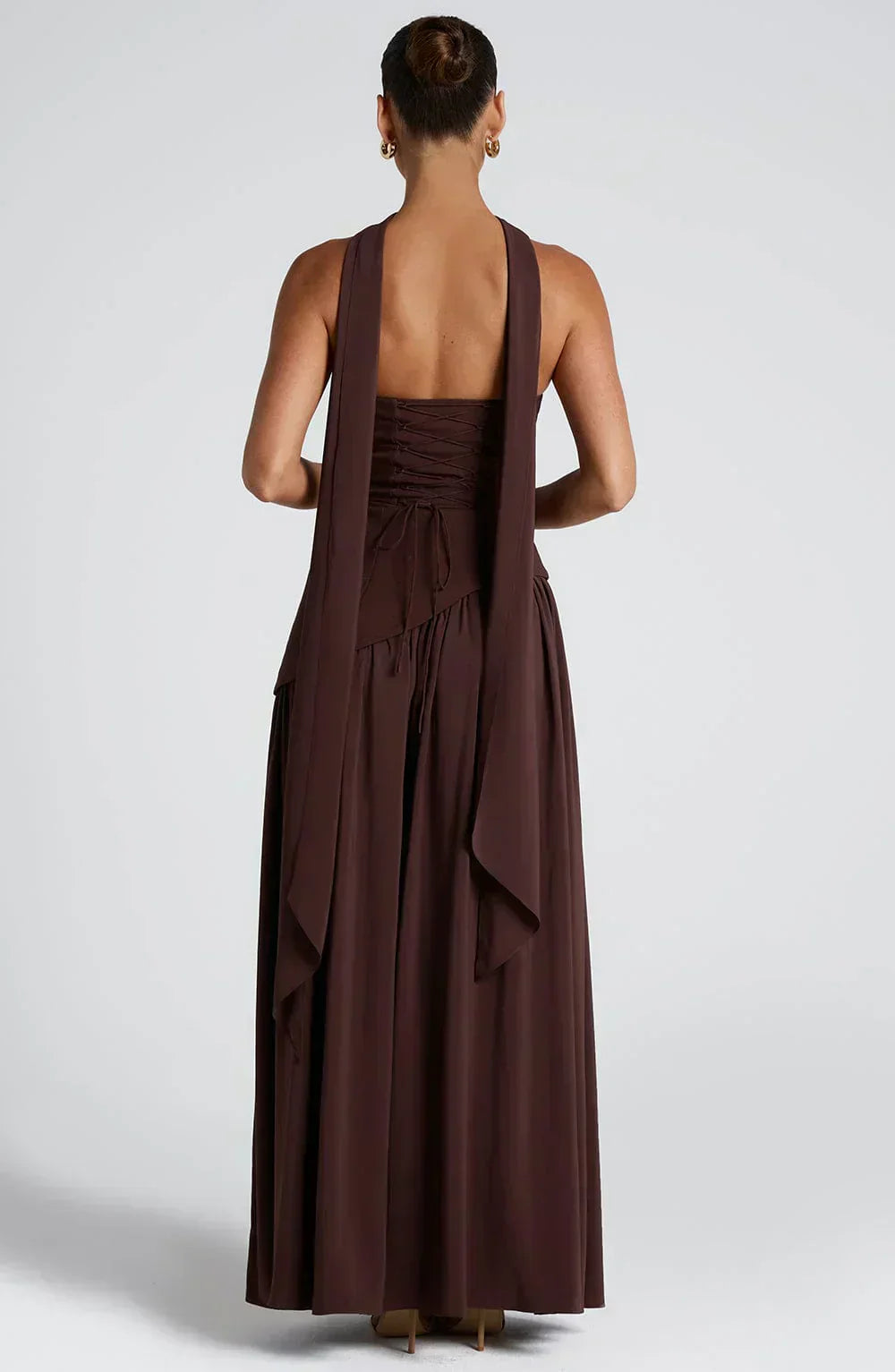 Elegant women's coral asymmetric maxi dress, long and flowing, a stunning choice for wedding guests.